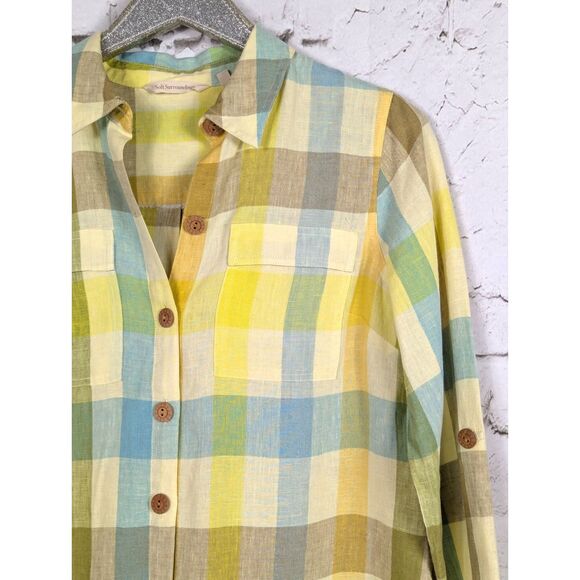 SOFT SURROUNDINGS 100% Linen Plaid Avalon Shirt Country Cottage Beachy Small - Picture 2 of 8